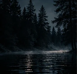 Pine forest over a lake at night